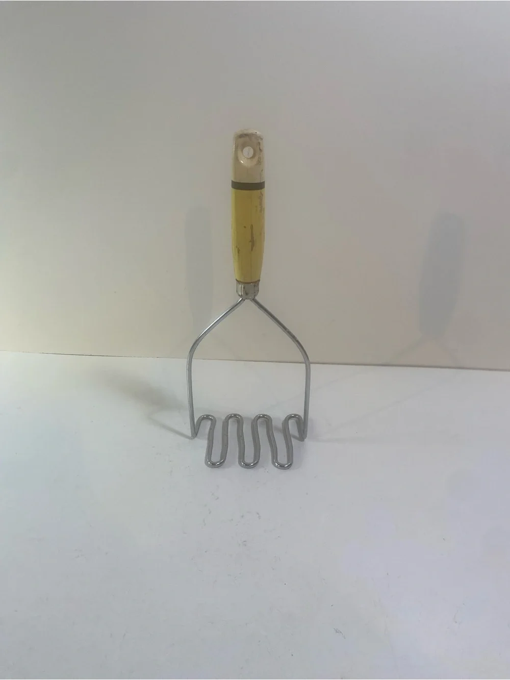 Vintage Wooden Yellow White Handle With Black Stripe Potato Masher